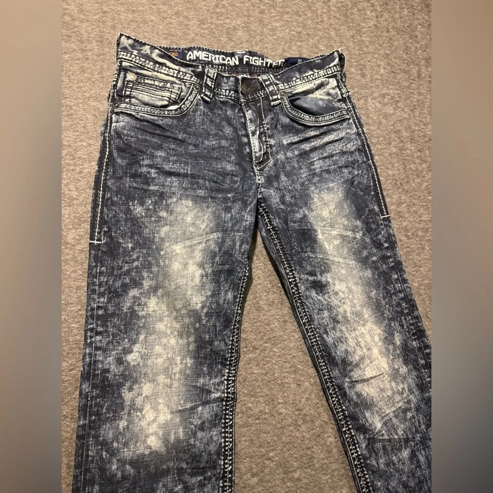 American Fighter Buckle Jeans Men 32 Long (32x34) blue Legend Slim Straight Acid